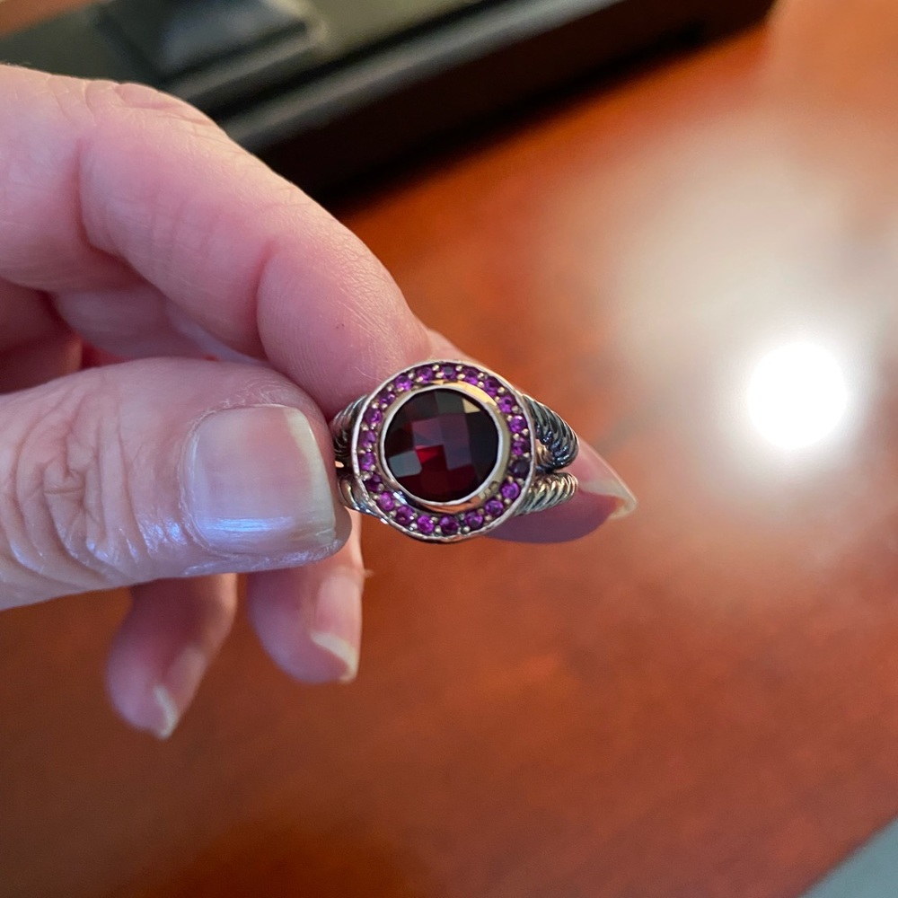 David Yurman Petite Albion Ring with garnet center and pink sapphires